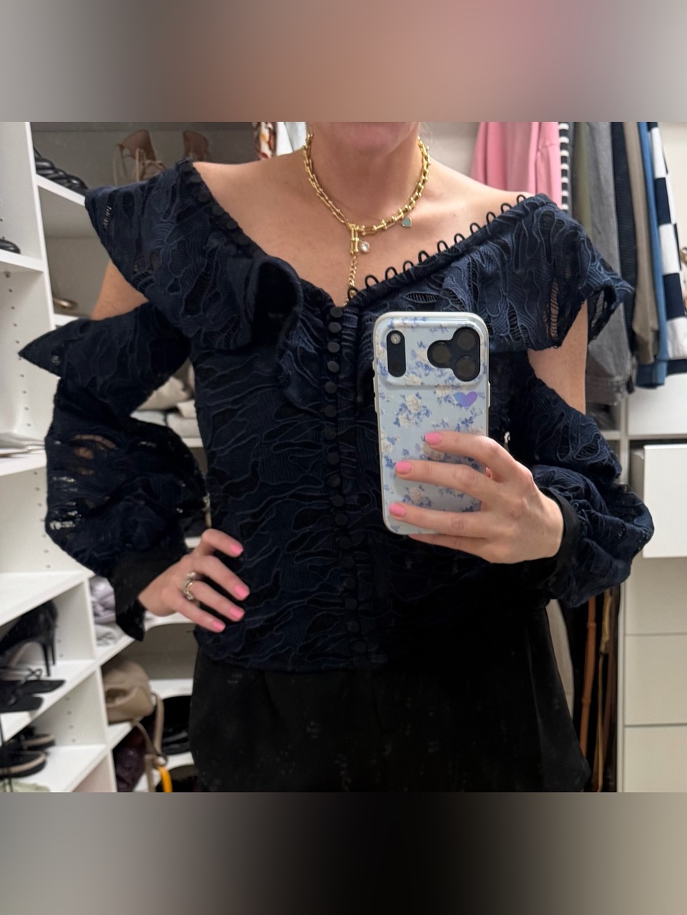 Off-Shoulder Navy Lace Button-Front Women’s Top